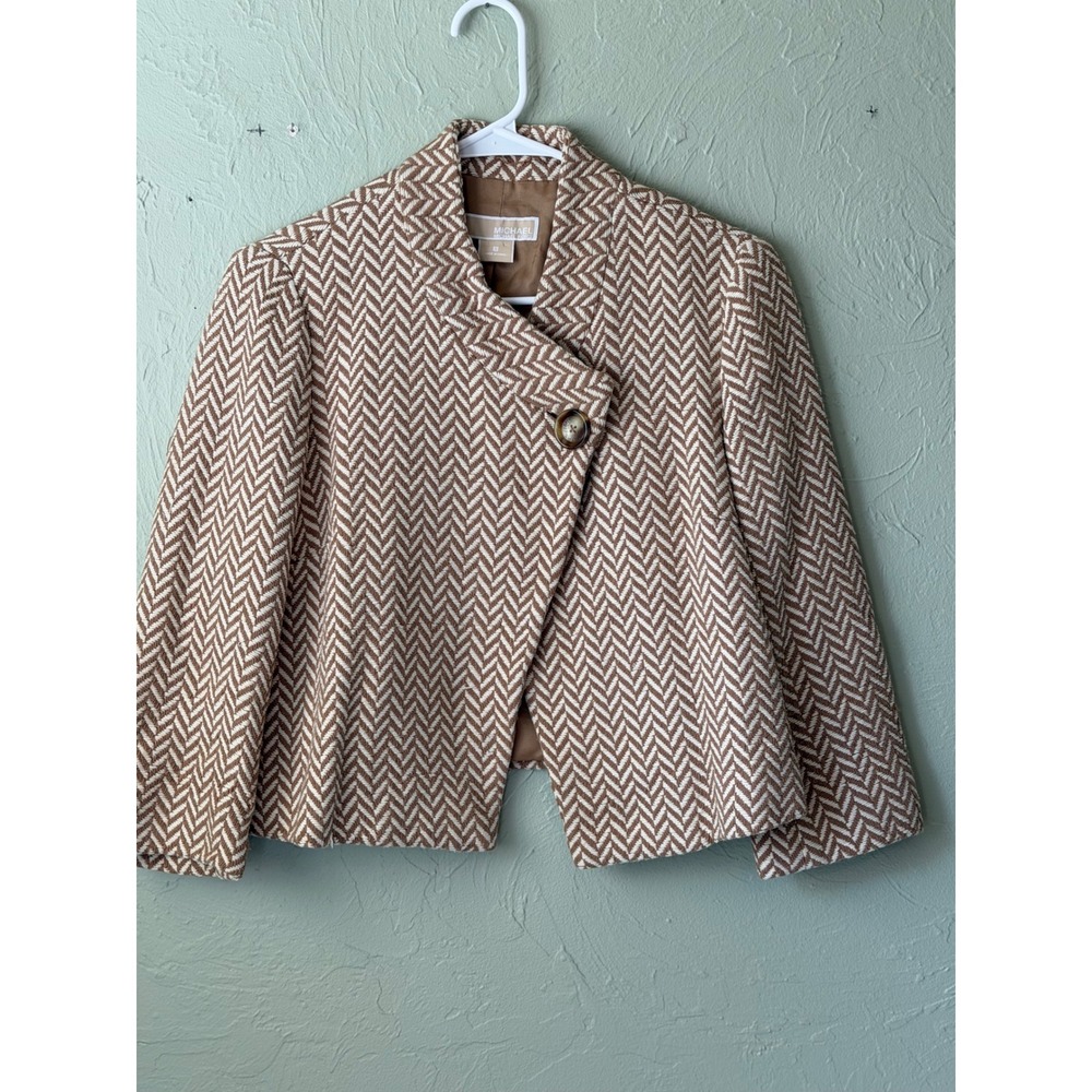 Michael Michael Kors Tan Herringbone Cotton Asymmetrical Button Front Jacket 8 8